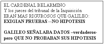 Cuadro de texto: EL CARDENAL BELARMINO
Y los jueces del tribunal de la Inquisici�n
ERAN MAS RIGUROSOS QUE GALILEO:  
EXIGIAN PRUEBAS --NO HIPOTESIS

GALILEO SE�ALABA DATOS �verdaderos-  pero QUE NO PROBABAN SUS HIPOTESIS
