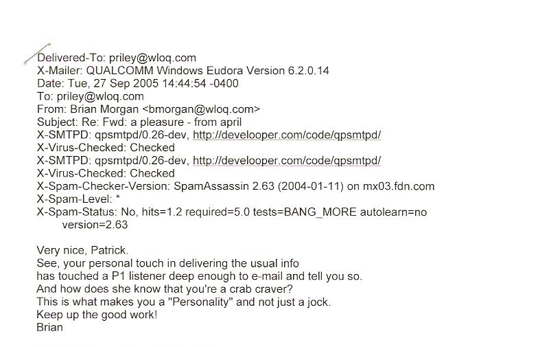 Brian Morgan Program Director of WLOQ's email to me