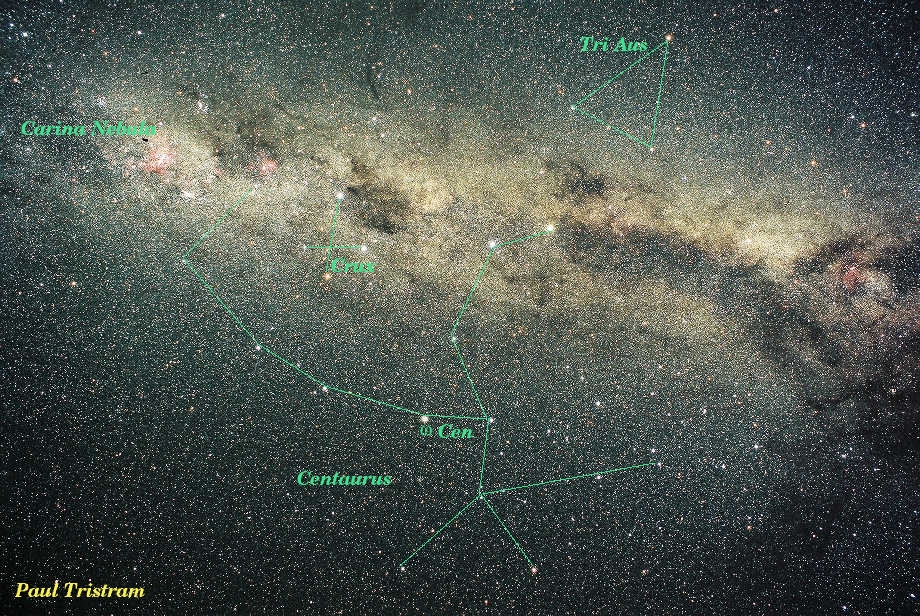 Southern Milky way constellations, Crux, Centaurus, Triangulum Australe, Carina Nebula, Omega Cen. 