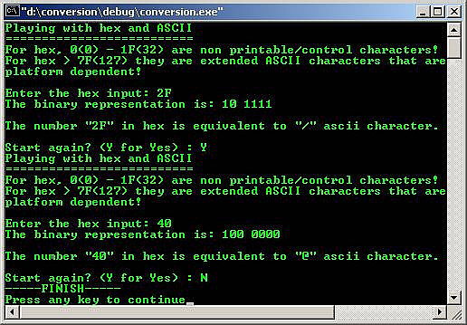 C output hex ASCII