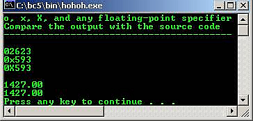 C output o x X octal and hex specifier