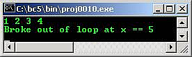 C C++ output for and break