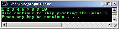C C++ output for and continue
