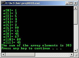 C C++ output array sum total