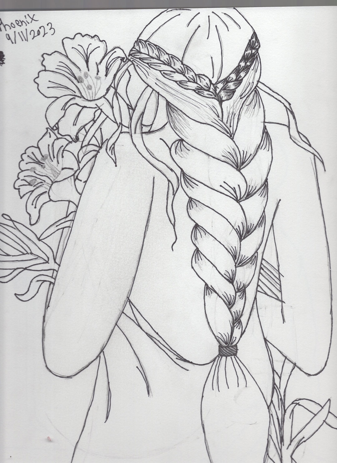 drawing of a woman holding flowers