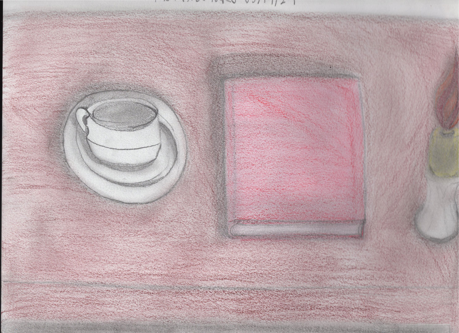 colored 3D table with cup and saucer with book and a lit candle