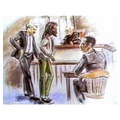 Mumia Abu-Jamal, Albert Sabo, Joseph McGill und Anthony Jackson im Gerichtssaal