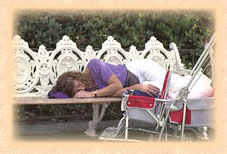 Guest asleep on a bench on Main Street