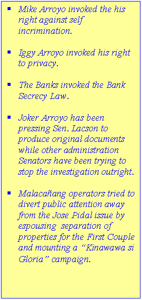 Text Box: �	Mike Arroyo invoked the his right against self incrimination.

�	Iggy Arroyo invoked his right to privacy.

�	The Banks invoked the Bank Secrecy Law.

�	Joker Arroyo has been pressing Sen. Lacson to produce original documents while other administration Senators have been trying to stop the investigation outright.

�	Malaca�ang operators tried to divert public attention away from the Jose Pidal issue by espousing  separation of properties for the First Couple and mounting a �Kinawawa si Gloria� campaign.
