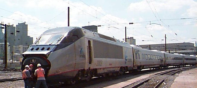 Acela trainset under catenary, Penn coach yard, PA