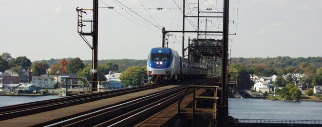 Acela HHP8 loco and train crossing the susquehanna river