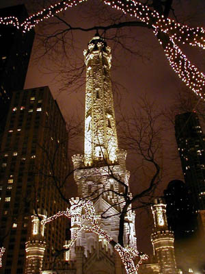 water tower at night