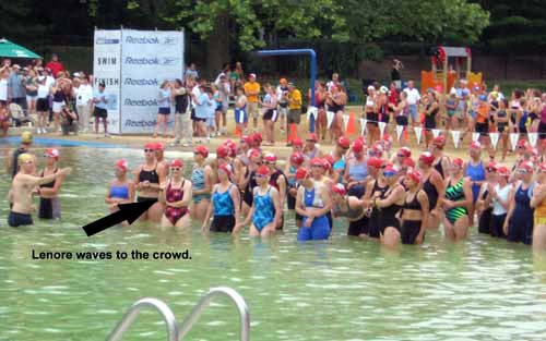 Lenore waving before swim