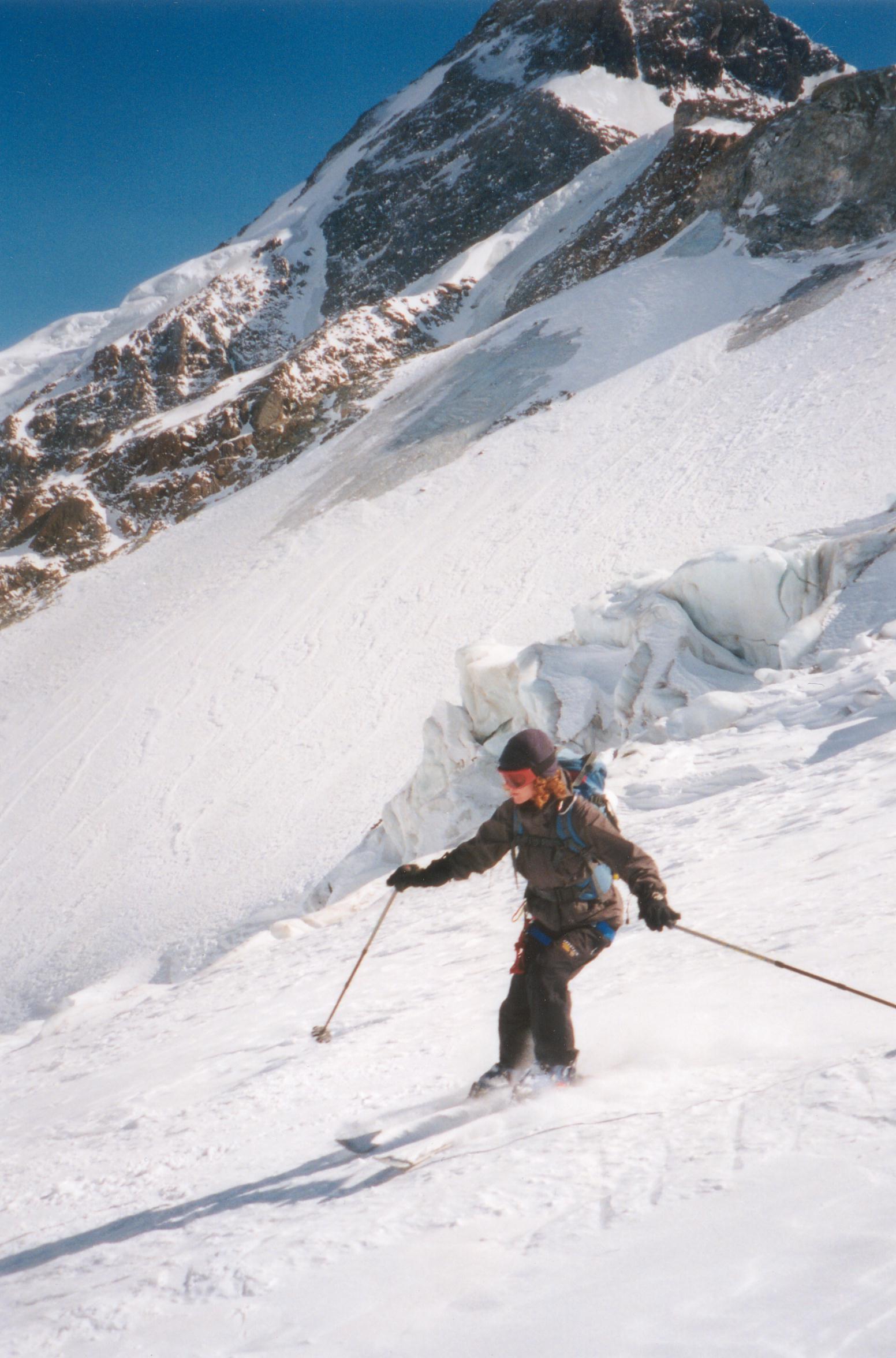 Sarah skiing of the Breithorn, Zermatt