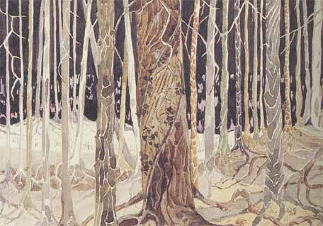 A detail from "J.R.R: Tolkien, Artist and Illustrator" image 54: "Taur-nu-Fin (Fangorn Forest)" by JRR Tolkien