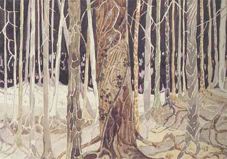 A detail from "J.R.R: Tolkien, Artist and Illustrator" image 54: "Taur-nu-F�in (Fangorn Forest)" by JRR Tolkien