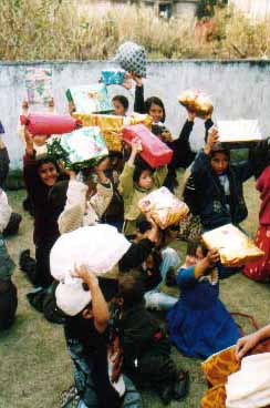 Children with gift in their hand, kathmandu
