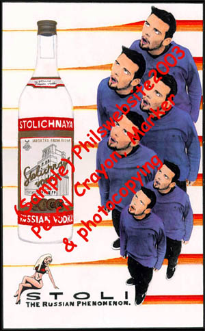 A Russian vodka ad done with pencil crayon, marker & the people are photocopied and coloured