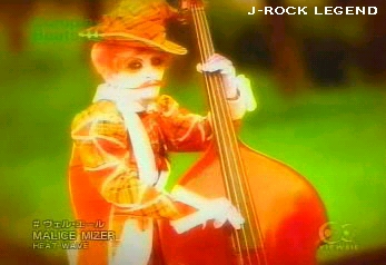 Yu~ki-sama, playing bass in a lush, green field...