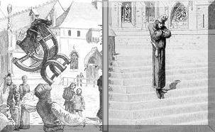 Gringoire balancing a chair and Gringoire coming down the steps of the Palais du Justice