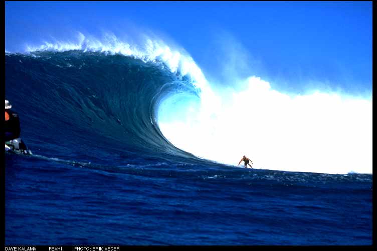 Dave Kalama tows into one of these monsters of the Pacific at Peahi in Hawaii.