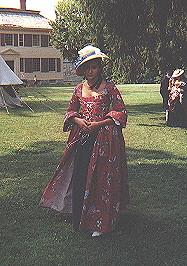 Robe a l'anglais with indigo linen petticoat.&nbsp; Hat by Mad Hatter.