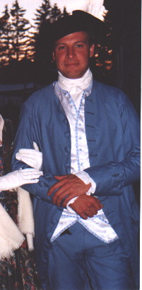 Full suit of glazed cotton, white silk waistcoat.&nbsp; Captian Paul Supley modeling.&nbsp; Frock coat pattern by J.P. Ryan.