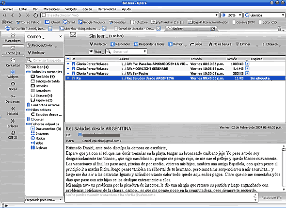 Interfaz del cliente de correo  de Opera 