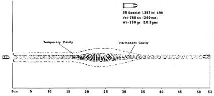 diagram of 38 special lead, round-nosed bullet and wound