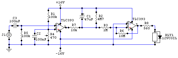 Esquema del detector de audio con alimentación simétrica