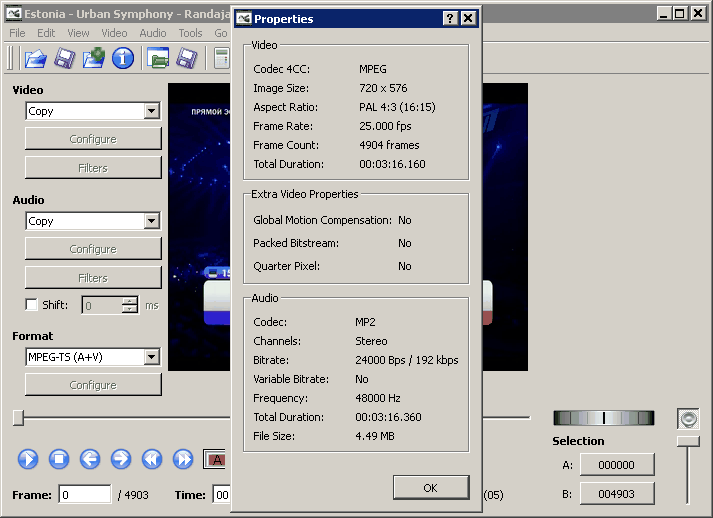 Configuración vídeo apto para copia directa