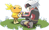 A Pok�mon Trainer pinning a contest ribbon onto his winning torchic