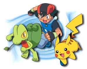 Ash, Treeko, and Pikachu running together