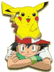 Ash with pikachu on top of him