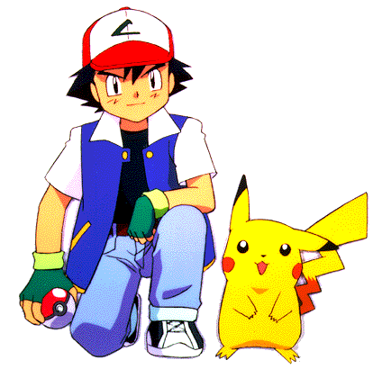 Ash kneels down with Pikachu beside him