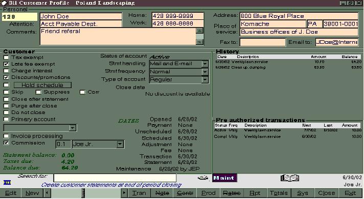 The main customer profile screen for Billing V1.0