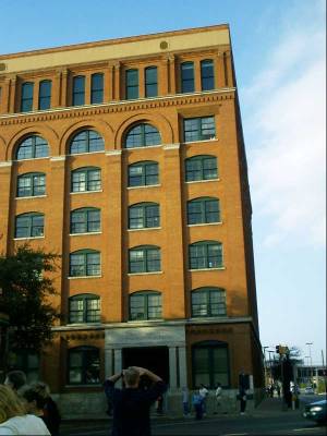 The building where the assassinator who shot Kennedy was, check out the right side 6 floors up, the open window.