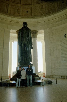 Brianna, Brennan, and Geoff in front of the Jefferson Memorial Statue.