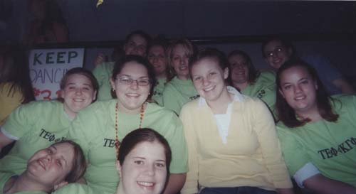 The sisters of Kappa Gamma Phi for the countdown of thon (bottom- Mary Michael & Susie, middle- Michelle L., Meghan, ?, Bronwyn, Top-Jess, Nicole, Jane, Jess P., and Stacy)