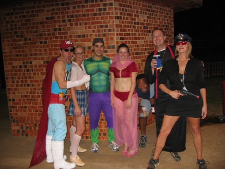 Duffman (Nick), School Girl (Heather), Genie (me), Random Guy, Priest, and Cop (Christy) drinking it up at the LMRA softball fields for a little costume party