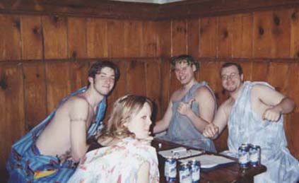 The MUD boys during the MUD, TDX, and AKL Toga Party (Tall Tom, some girl, pledge, and Kilo)
