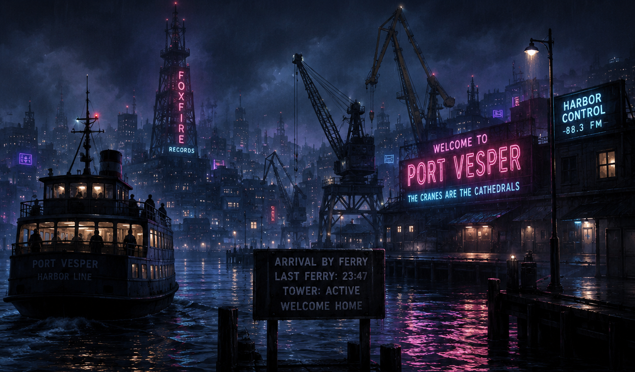 Port Vesper ferry arrival banner