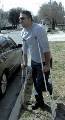 Richie broke his foot in a 20 foot fall from a ladder - he doesn't let it slow him down too much though..