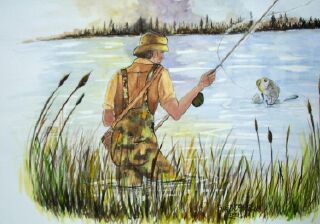 Watercolor, 18" x 22" Fly Fishin' - Private collection