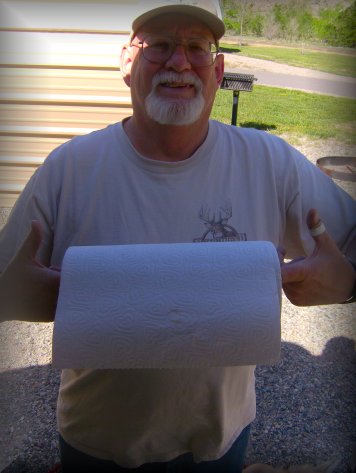 No room for a paper towel holder-so Merrill helps out.