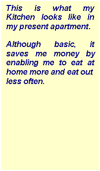 Text Box: This is what my Kitchen looks like in my present apartment. 

Although basic, it saves me money by enabling me to eat at home more and eat out 
less often.
