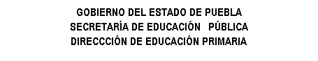 Cuadro de texto: GOBIERNO DEL ESTADO DE PUEBLA
SECRETAR�A DE EDUCACI�N&nbsp; P�BLICA
DIRECCCI�N DE EDUCACI�N PRIMARIA
&nbsp;
&nbsp;
