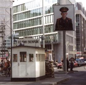 Checkpoint Charlie, one of three crossing places between East and West Berlin.&nbsp; Museum Haus am Checkpoint Charlie houses many artifacts.