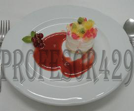 Mousse de yogurt con frutas y coulis de frambuesas