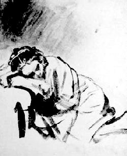 Rembrandt's ink brush drawing of Sakia, his first wife, sleeping.
